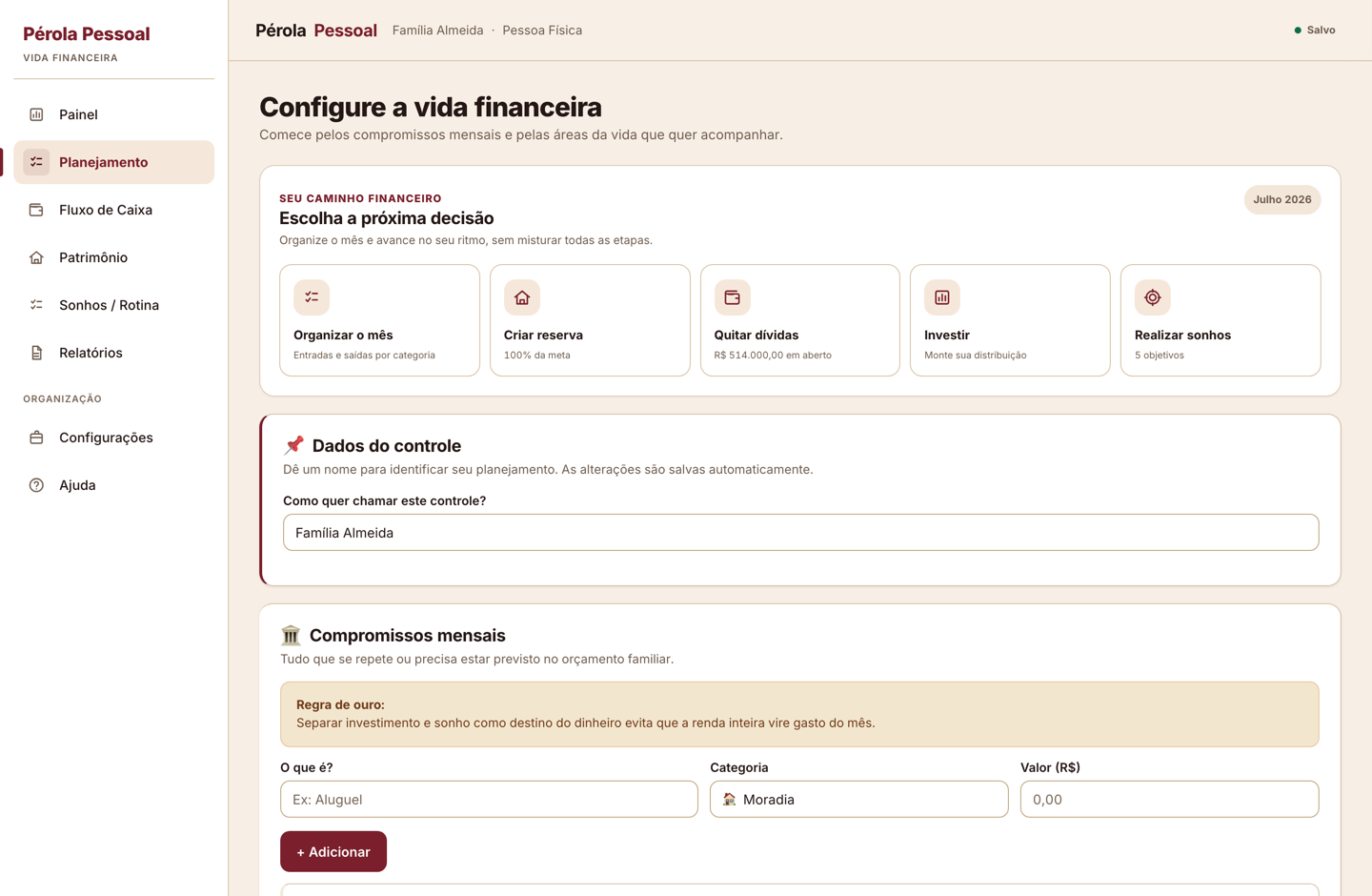 Tela Planejamento do Pérola Pessoal com os compromissos do mês