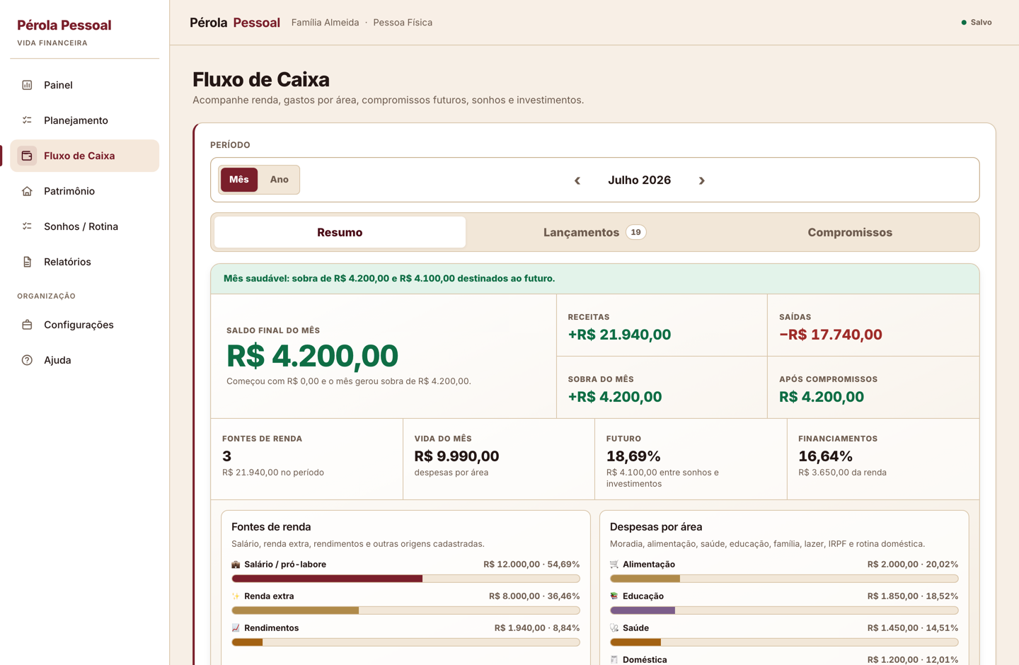 Tela Fluxo de Caixa com entradas e saídas do mês
