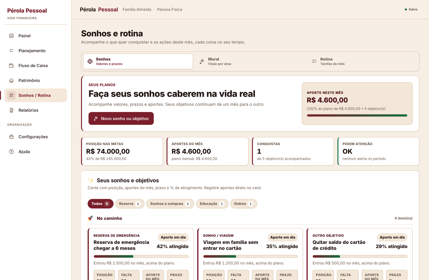 Tela de Sonhos e Rotina com metas, aportes e prazos